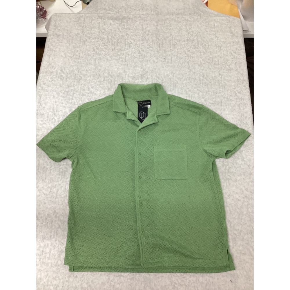 Original Use Mens XL Green Pointelle Knit Camp Collar Button Down Shirt
